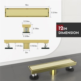 WEBANG 12 Inch Linear Shower Drain Rectangular Floor Drain with Accessories Reversible 2-in-1 Cover Tile Insert Grate Removable SUS304 Stainless Steel CUPC Certified Brushed Gold