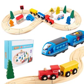 Hojalis Wooden Railway Set, 35 Pieces Railway, Electric Locomotive Wooden Train, Magnetic Railway with Wooden Railways, Children's Electric, for Boys and Girls Aged 3 4 5 6 7 Years