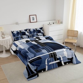 Violin Comforter Set Full Size Geometry Abstract Navy Grey Quilted Duvet 3pcs,Musical Instruments Theme Bedding Set for Kids Boys Girls Adults Room Decor Music Modern Duvet Insert,2 Pillowcases