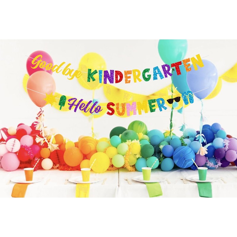Glitter Goodbye Kindergarten Hello Summer Banner for Kindergarten graduation decorations,