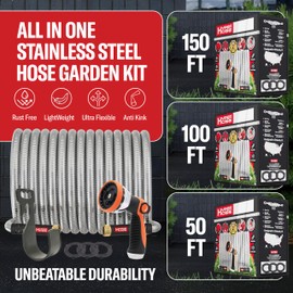 Best 150 ft Metal Garden Hose Set - No-Kink Durable 316 Stainless Steel, 10-Way Zync Spray Nozzle & Hook – Tough Flexible Heavy Duty Water Hoses, Naval Brass, Rust, Weather, LeakProof