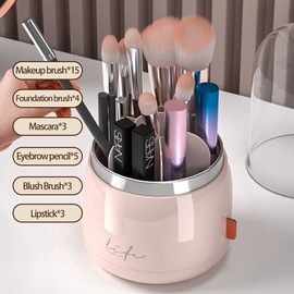 Veki 360 Degree Rotating Cosmetic Make Up Organiser, Storage Container with 6 Compartments for Cosmetic Brush Holder with Clear Acrylic Lid, Suitable for Washrooms, Bathrooms, Dressing Tables (Pink)