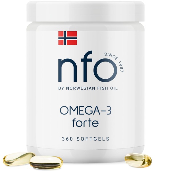 NFO Omega 3 Forte [360 Capsules] Norwegian Fish Oil with high Concentration of EPA:DHA Formula with Vitamin E Natural Complex for Adults and Kids +3 Years Made in Norway from Freshly Caught Wild Fish
