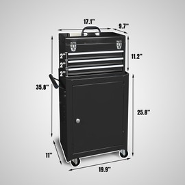 BIG RED Rolling Garage Workshop Organizer: Detachable 3 Drawer Tool Chest with Large Storage Cabinet and Adjustable Shelf, Black