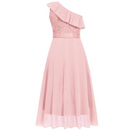 Girls Floral Lace Dress One Shoulder Easter Bridesmaid Vintage Formal Cocktail Party Swallowtail Swing Dresses 8-13 Years (Pink,12T)