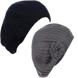 BYOS - Gorro de punto de ganchillo para mujer, 2-pack Gray & Bk W/ Flower, Talla única