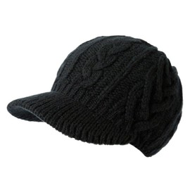 Comhats Oversized Wool Blend Visor Beanie Warm Classic Cable Knit Hat with Sun-Blocking Brim for Large Heads Black Medium