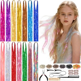 Revahope 4900 STRANDS Hair Tinsel Kit for Girls,14 Colors 48 Inches Fairy Hair Tinsel Kit Heat Resistance Colorful Glitter Hair Extensions with Tools for Party Concert