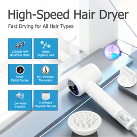 ELOVA High Speed Hair Dryer with Negative Ionic, 150000 RPM Brushless Motor Fast Drying Blow Dryer, Smart Temperature Control, Low Noise and Magnetic Diffuser & Nozzle for Home Salon Travel