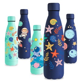 Vikastar Stainless Steel Water Bottle, 500 ml, BPA-Free Drinking Bottle, 3D Printed Thermos Flask, Leak-Proof Water Bottle for School, Bike, Camping, Fitness, Dark Blue Starfish