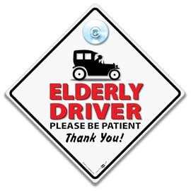 Elderly Driver Car Window Sign with Suction Cup, 14 cm x 14 cm, Humorous Vehicle Display Notice, White and Red