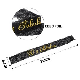 90 & Fabulous Lace Sash - 90th Birthday Sash with Sparkle Letters,Great Happy 90th Birthday Decoration or Photo Prop