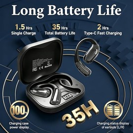 Auriculares de oreja abierta, auriculares inalámbricos con pantalla digital inteligente y micrófono, auriculares de oreja abierta 35 horas de reproduc