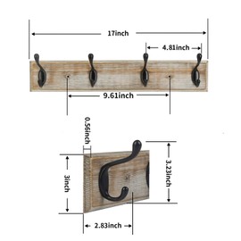 Coat Racks Wall Mounted, Entryway Hanging Coat Hooks, 17” Vintage Rustic Wall Coat Rack with 4 Heavy Duty Zinc Black Hooks, Solid Pine Wood Wall Hook Rack for Hanging Coats, Hats, Bags, Scarf, Keys.