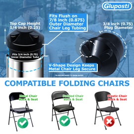 Gluposti 8 Folding Chair V-Tip Stabilizer Caps, Stabilizer Plug Top Covers for Padded & Metal Folding Chair Replacement Parts, V-Tip Caps for Top of Legs, Fits 7/8" OD 3/4" ID Legs (8 Plugs, Black)