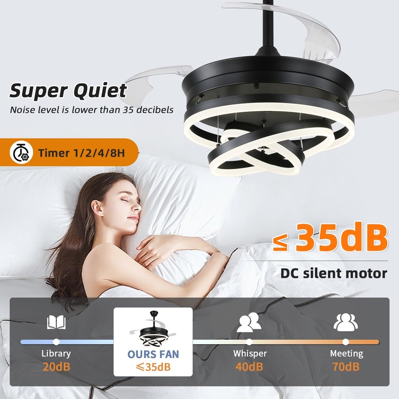 Retractable Ceiling Fan with Lights,Dimmable,6 speeds,DC Motor,36 inch Modern DIY