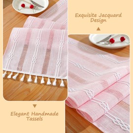 Bigqin Boho Table Runner with Tassels, 183x33cm/72"x13" Table Decoration, Linen Beige Table Runner Tablecloth for Home Wedding Decoration, Pink