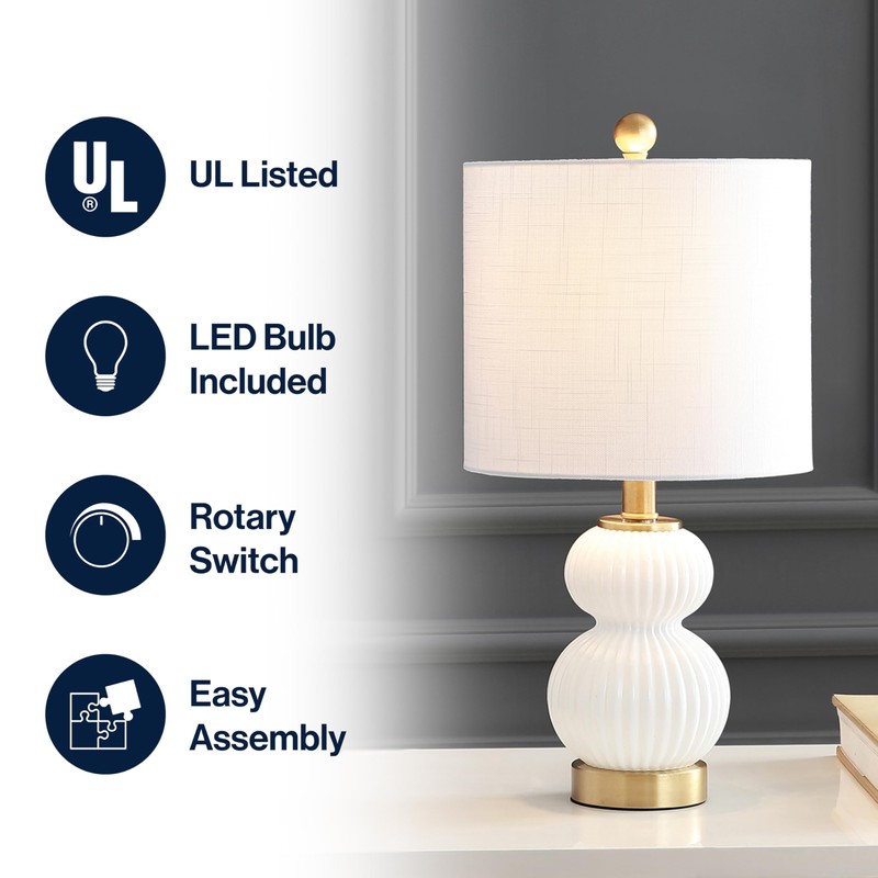 JONATHAN Y 20" White/Brass Gold Ribbed Gourd Glass Table Lamp,