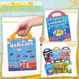 6 Set Reusable Puffy Sticker Books for Kids 2-4, 3D Jelly Stickers Books for Toddlers 1-3, Craft Activities Toddler Travel Toys, Gifts for Boys Girls - Including Animals, Dinosaurs, Vehicles, Space
