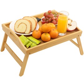 TOPULORS Bed Food Tray with Folding Legs,15.7"x11.8" Bamboo Breakfast in Bed Lap Tray Table for Eating and Working, Foldable Serving Tray with Carrying Handles Tablet Computer Snack Tray for Recliner