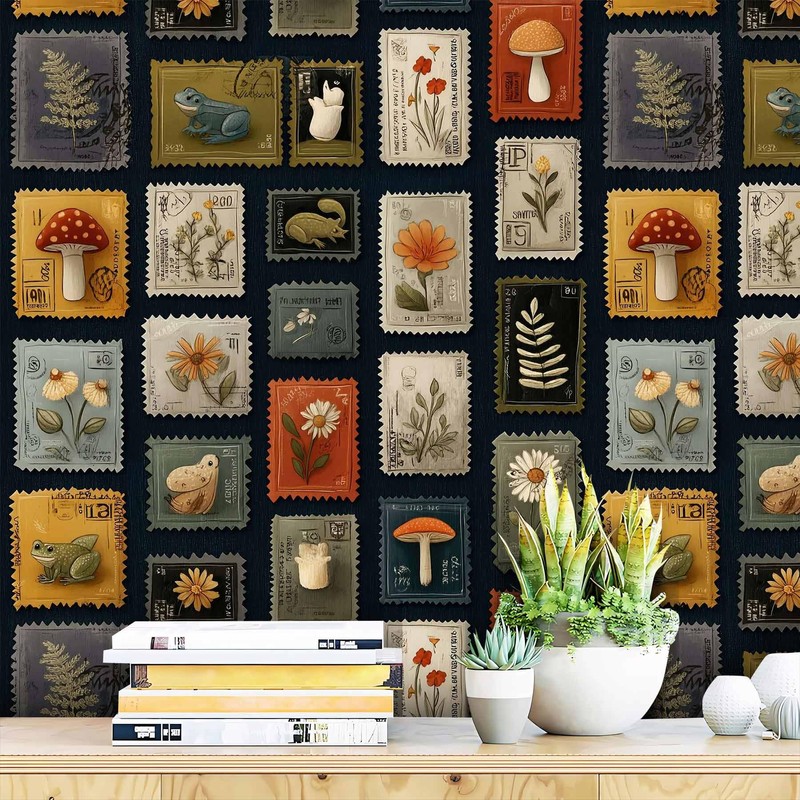 Vintage Stamp Peel and Stick Wallpaper, Botanical Postage Stamp Wallpaper