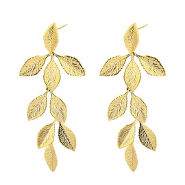 Gold Long Leaf Stud Earrings, Boho Style Earrings Women's Botanical Earrings Gold Leaf Earrings Handmade Leaf Dangle Earrings Gold Plant Drop Earrings for Women