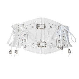 Vintage Faux Leather Corset Belt Sides Lace-up Medieval Renaissance Underbust Wide Elastic Waist Belts for Women (White, Fit Waist 40-42")