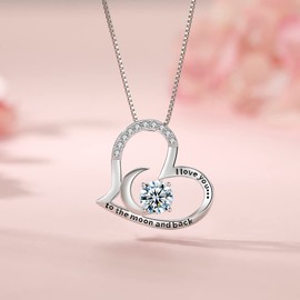 PRETTERY Sterling Silver Necklace I Love You to The Moon and Back Zirconia Heart Pendant Gifts for Women,45+5cm Chain