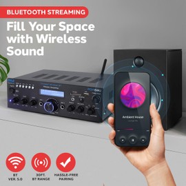 Pyle Wireless Bluetooth Power Amplifier System- 200W Dual Channel Sound Audio Stereo Receiver w/USB, SD, AUX, MIC w/Echo, Radio, LCD - Home Theater Entertainment via RCA, Studio Use, Black - PDA6BU.6