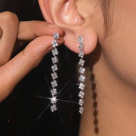 Sparkly Rhinestone Earrings Long Crystal Tassel Dangle Drop Earrings Chandelier Statement Earrings Wedding Party Prom Earrings Premium Iridescent Earrings Wedding Party Jewelry for Women (Silver)