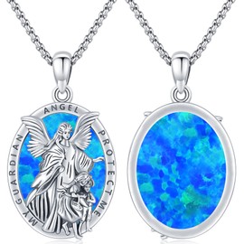 Brisskaari Oval Guardian Angel Necklace for Men Women 925 Sterling Silver Blue Opal Religious Guardian Angel Pendant Medal Medallion Catholic Jewelry Gifts for Baptism Communion Comfirmation