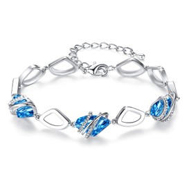 Leafael Wish Stone Link Charm Bracelet with Aquamarine Blue Birthstone Crystal for March and December, Silver-tone, 7"+2"