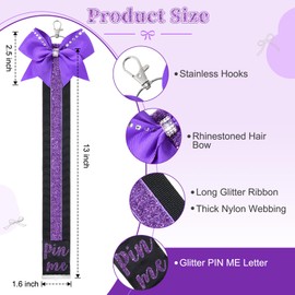 DEEKA 2 PCS Cheer Pin Strap Pin Me Ribbon for Backpack Glitter Cheerleader Keychain Cheer Gifts Cheer Bow Pin Holder Bag Tag Cheer Clothes Pin Charms -Black/Glitter Purple, 14 Inch
