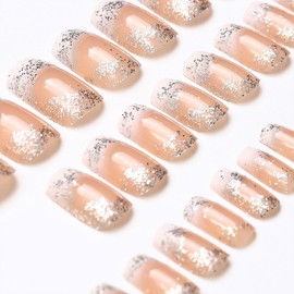 French Tip Press on Nails Medium Square Acrylic Nails Silver Glitter with Designs Fake Nails Glossy Full Cover Glue on Nails Nude Ombre Nails Press ons for Natural Manicure for Women 24Pcs