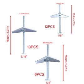 HANLATO 28Pcs Spring Toggle Bolts for Drywall, 1/8 x 2”, 3/16 x 3”, 1/4x 3 Sheetrock Anchor, Heavy Duty Toggle Drywall Anchors Kit, Toggle Bolt and Wing Nut Kit for Ceiling, Sheetrock, Hollow Wall