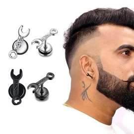 Wrench Surgical Steel Earrings Studs Stainless Steel Hip Hop Earrings Men Rock Punk Earrings ER74 (Black)