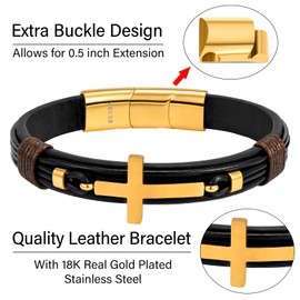 VEXXS Mens Leather Bracelet, Braided Genuine Leather Bracelets with Cross and Evil Eye, Mens Bracelet Mens Jewellery Gift for Husband Boyfriend Dad Brother (7.5 inches, A-Gold Cross)