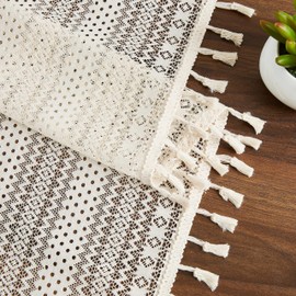 Bapawfish Beige Boho Lace Sheer Window Curtain Panels with Classic Tassels 72 Inches Long,Natural Geo Embroidery Pattern Living Room Drapes,Farmhouse Rod Pocket Bedroom Window Treatment,40" Wx72 Lx2