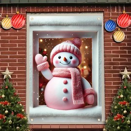 Saoplasa Christmas Party Banner 47x31 Inch Pink Snowman Window Cover Holiday Decor Frosted Pane Scene with Scarf for Home Classroom Office Xmas Party Display