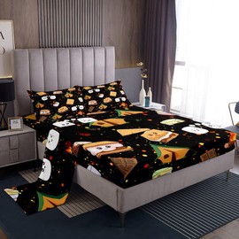 Cute Marshmallow Sheet Set King Size Kids Cute S'Mores Cookie Sheets with Deep Pocket Fitted Sheet for Boys Teens Happy Camping Bed Sheets Set Outdoor Adventure Room Decor