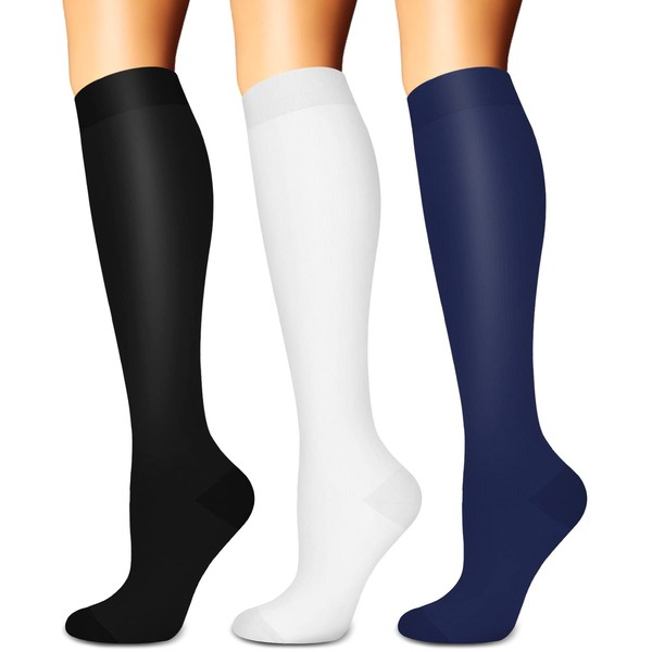 Compression Stockings for Women and Men, 20-30mmHg, Best Support for Running, Sports, Hiking, Air Travel, Blood Circulation, A6-Black/White/Navy Blue, s-m