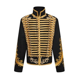 Ro Rox Adam Men’s Marching Band Military Jacket, Military Drummer Parade Jacket for Festivals, Stage Performances, Themed Parties, Cosplay Events, Black & Gold, 3XL