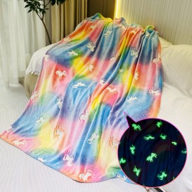 Glow in The Dark Throw Blanket, Unicorn Blanket for Girls, Luminous Kids Blanket, Soft Blankets for 3,4,5,6,7,8,9,10 Year Old Girl Birthday Christmas Thanksgiving Gifts(50" x 60", Rainbow)