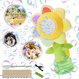 Flower Bubble Machine for Kids Automatic Sunflower Bubble Toy with LED Lighting & 10 Refill Solutions, Fun Swing Dance Bubble Maker Rechargeable Bubble Blower for Outdoor Summer Play (Yellow)