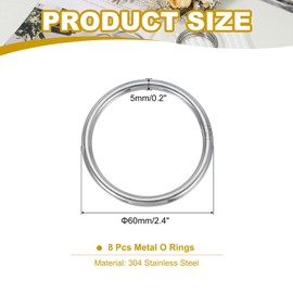 PATIKIL 8 Pcs O Ring 5x60mm O Buckle Welding Round Ring Metal Ring 304 Stainless Steel Multipurpose DIY Decoration Belt Craft Hanging Dog Leash Silver Tone