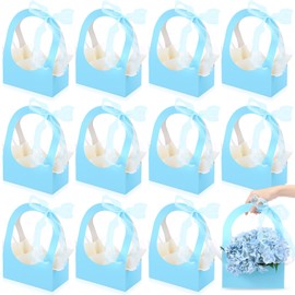 Sweetude 12 Pack Medium Paper Bags with Handle Tissues Ribbons, 8.7 x 4.7 x 12.2 inch Goodie Treat Boxes Assorted Colors Party Favor Bags Gift Basket Boxes for Birthday Wedding Bride Shower(Blue)