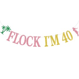 Gold Glitter Flock I'm 40 Banner, Cheers to 40 Years/Happy 40th Birthday, Summer Flamingo Hawaiian Luau Themed 40th Birthday Anniversary Party Decorations Supplies