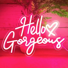 KUUNEON Hello Gorgeous Neon Signs for Wall Decor with Heart, Pink Gorgeous LED Sign Lights for Bedroom Dorm Home Salon Wedding Party, Cute Makeup Dressing Beauty Room Decor, Preppy Girls Woman Cave