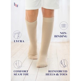 Hugh Ugoli Knee High Cotton Socks for Kids Girls Boys & Toddlers, Long School Uniform Socks, Soft & Comfortable,Light Beige, 12-14 Years Old, 4 Pairs