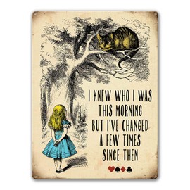 Agedsign Alice in Wonderland Poster, Vintage Metal Tin Sign I Know Who I was This Morning Quotes Decor Gifts for Girls Living Room Party Decorations 12" x 8"